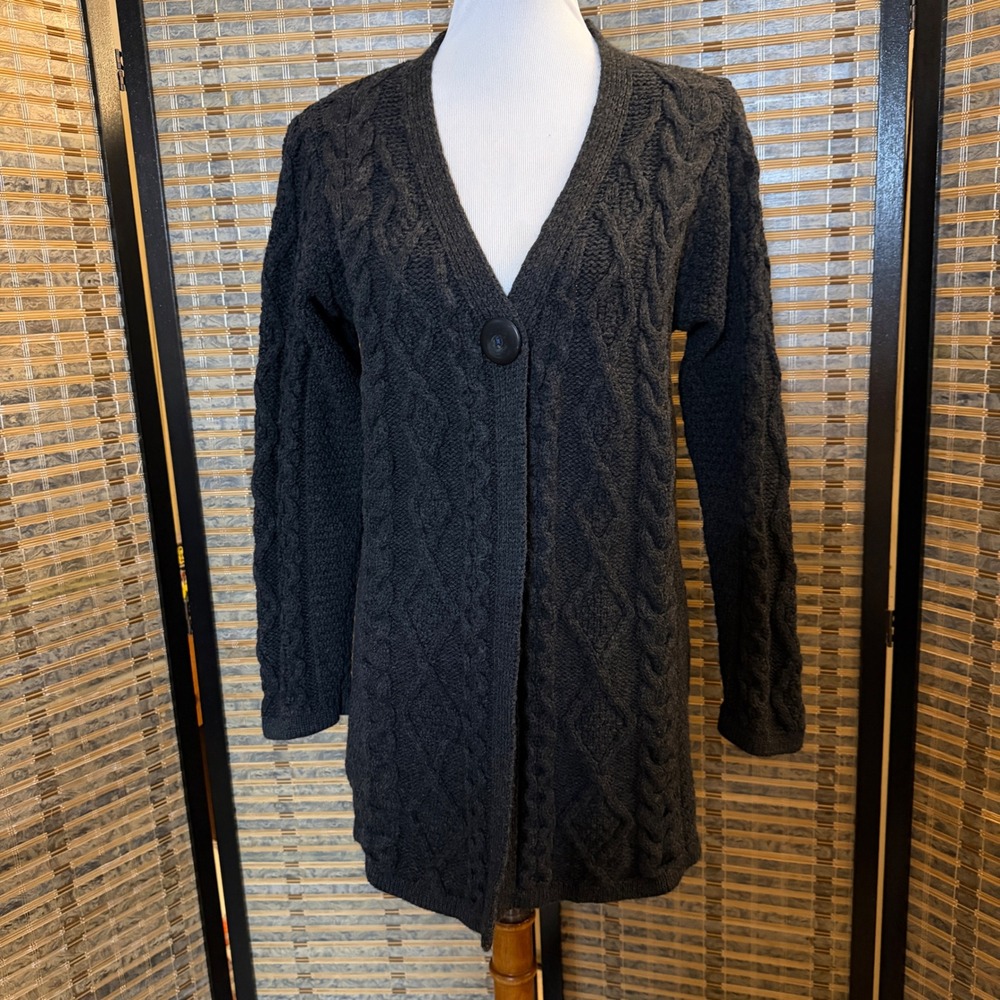 Aran Crafts Cardigan Women S Gray 100% Merino Wool Cable Knit Irish Sweater